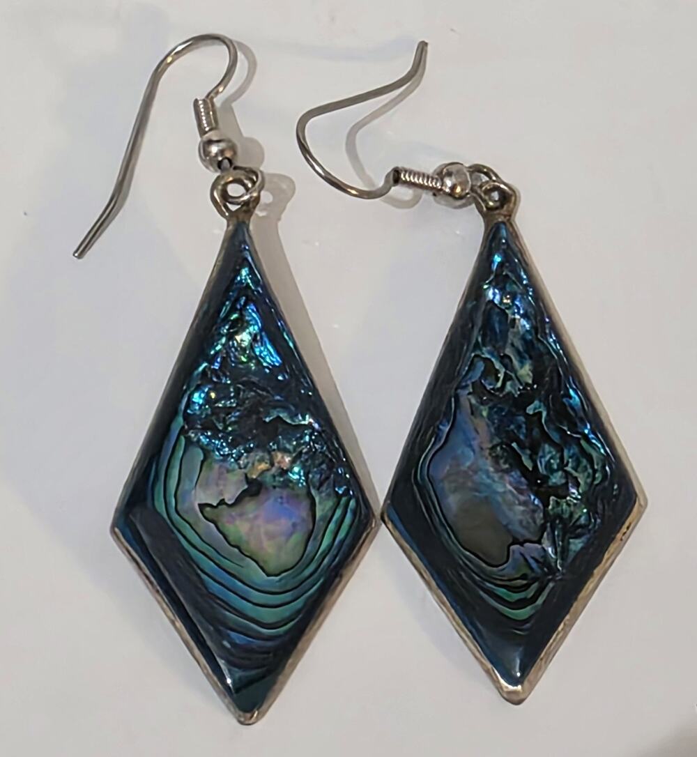 Handcrafted Diamond Shaped Abolone Earrings Alpaca Silver 1 1/2" Mexico